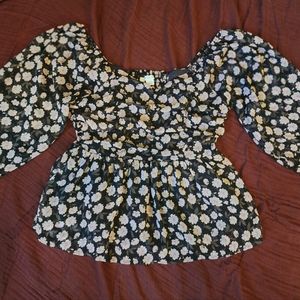 American Eagle pink-flowered black long sleeve top